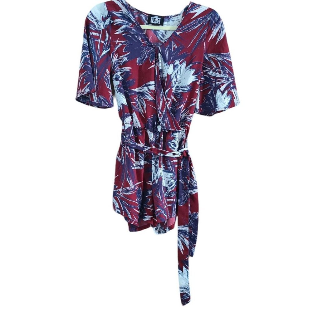 Luxe Women’s Floral Hawaiian Romper w/Pockets & Tie Front V Neck Size Small